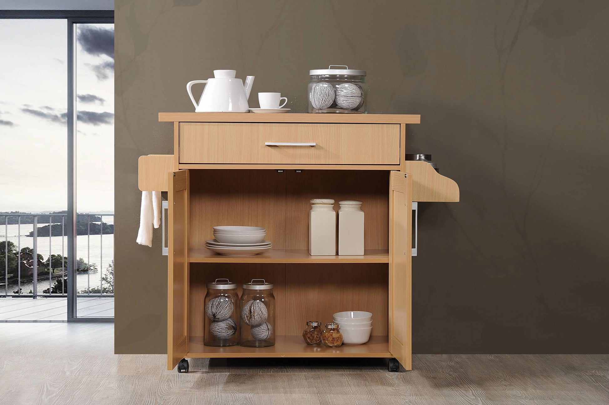 Hodedah Kitchen Cart with Spice Rack plus Towel Holder, Beech
