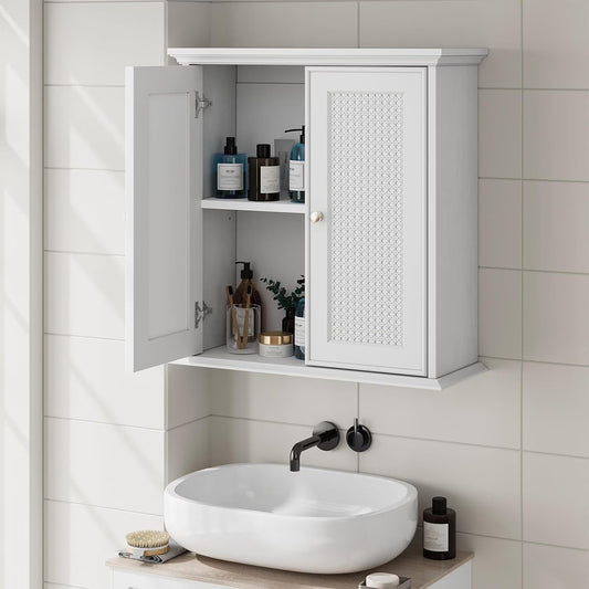 Medicine Cabinet Bathroom Wall Cabinet with Adjustable Shelf and 2 Rattan Doors, Space Saver Storage Cabinet for Livingroom, Laundry,White