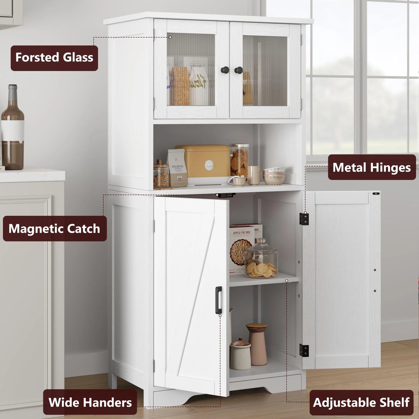 AOILE Farmhouse Bathroom Storage Cabinet with Glass Doors & Adjustable Shelves, Freestanding Kitchen Pantry Cabinet