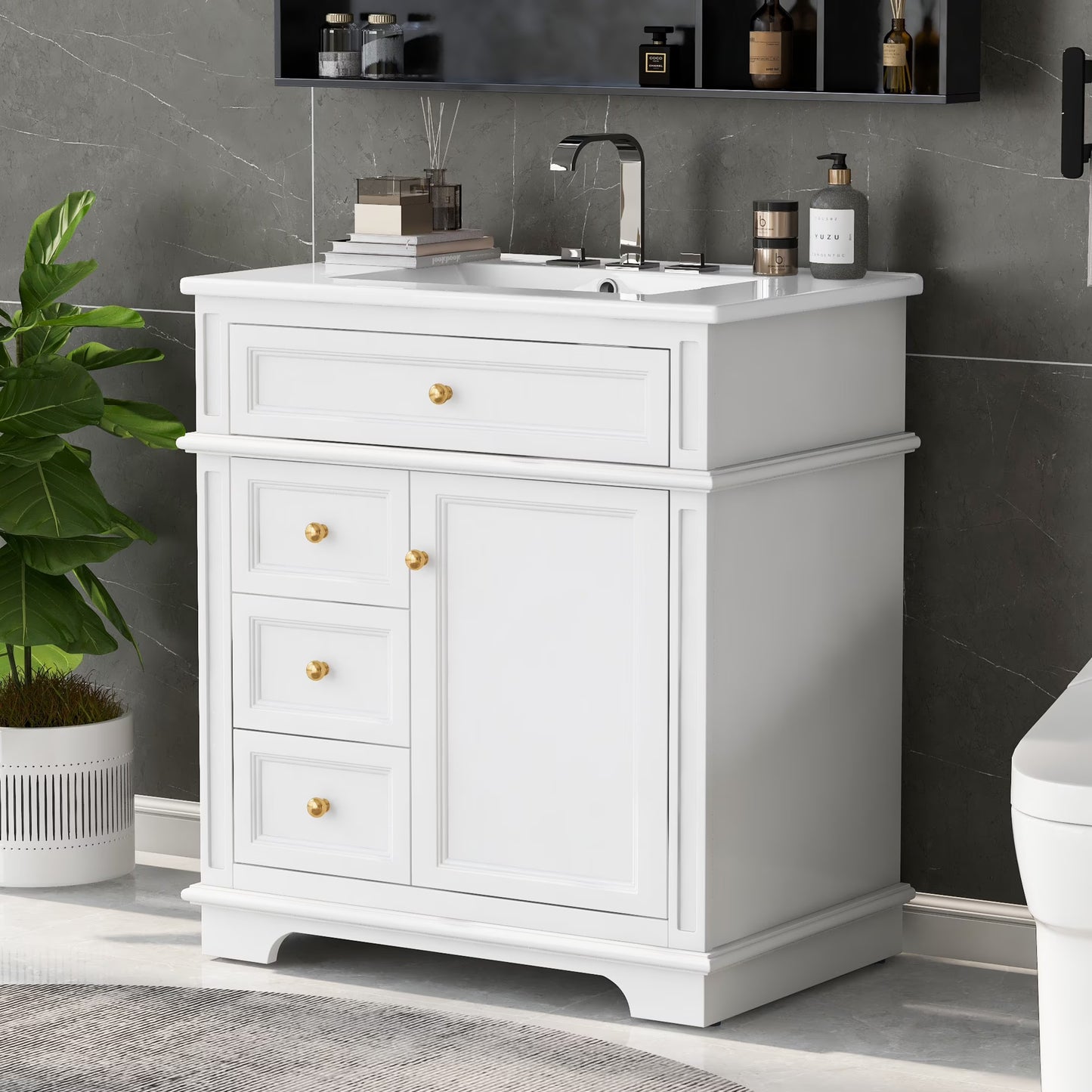 GDF Studio 30" Modern Bathroom Vanity with Sink Combo Set, 3 Drawers and A Tip-out Drawer, Door Shelf, White