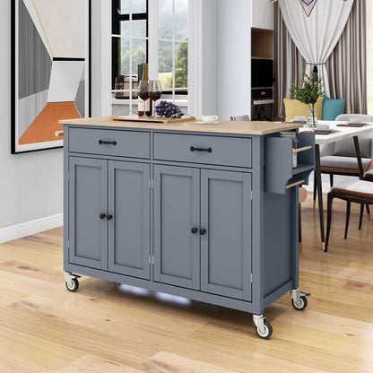 Harper & Bright Designs Rolling Kitchen Island Cart with Solid Wood Top and Locking Wheels, 4 Door, Storage Cabinet and Two DrawersSpice Towel Rack, Blue