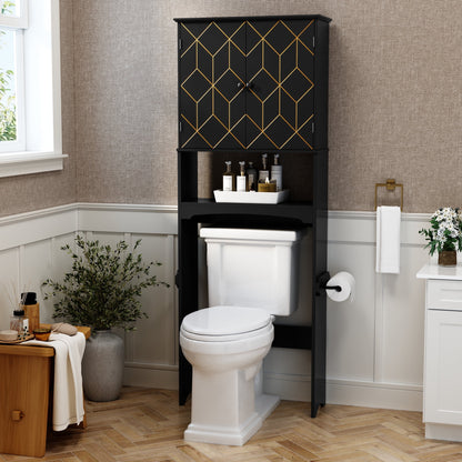 HLR Over The Toilet Storage Cabinet, Bathroom Above Toilet Storage Cabinet with Doors and Adjustable Shelves, Black