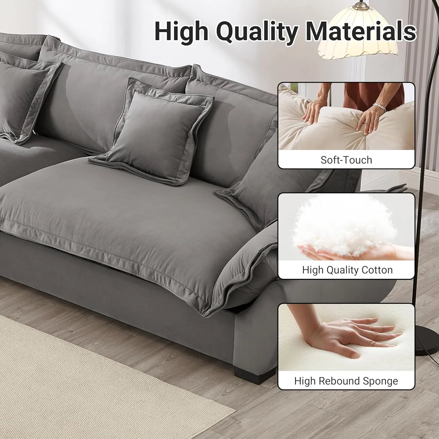 125.98 Inch Sailing Design Modular Sectional Cloud Sofa with Storage, Modern Deep Seat Couch w/Throw Pillows & Removable Backrest for Living Room Bedroom Apartment,Grey