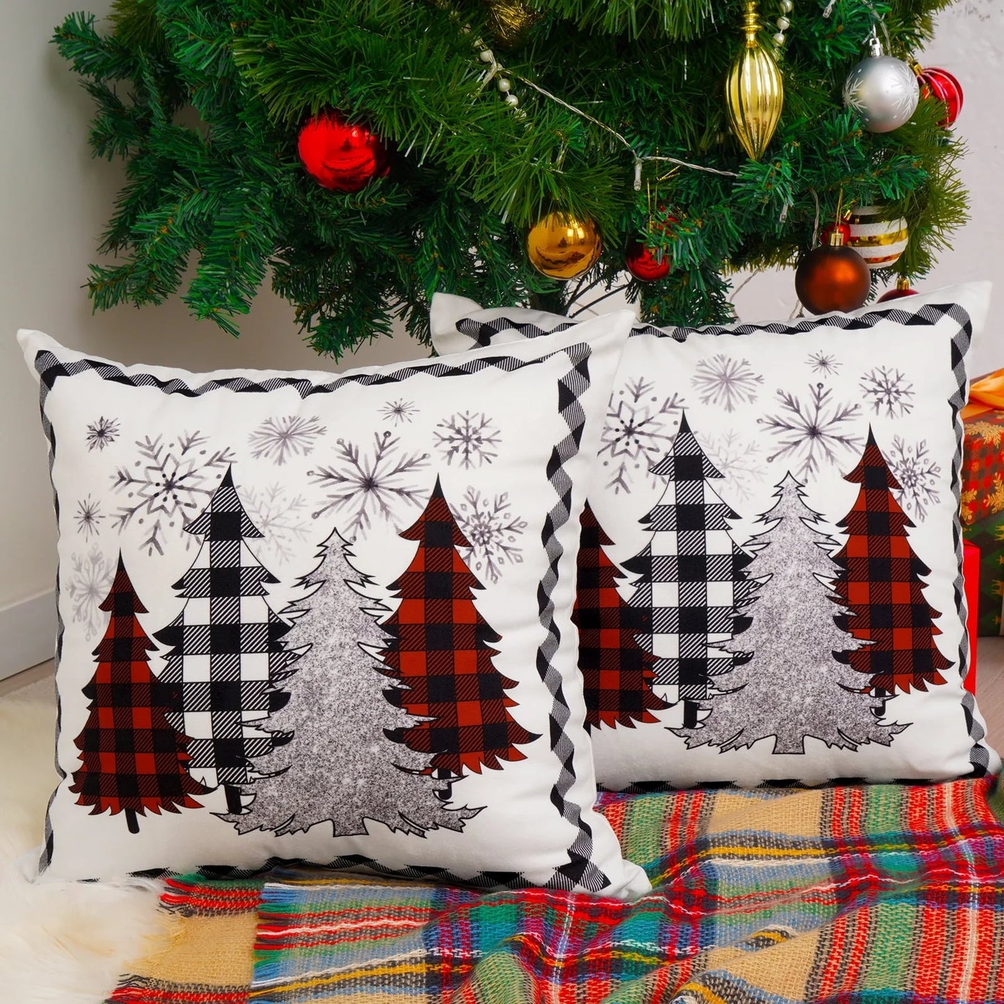 BLEUM CADE Christmas Pillow Covers 18 x 18 inch Grey Snowflakes Christmas Tree Throw Pillow Covers Set of 2,Xmas Buffalo Plaid Cushion Cover Winter Holiday Decorative Pillow Cases