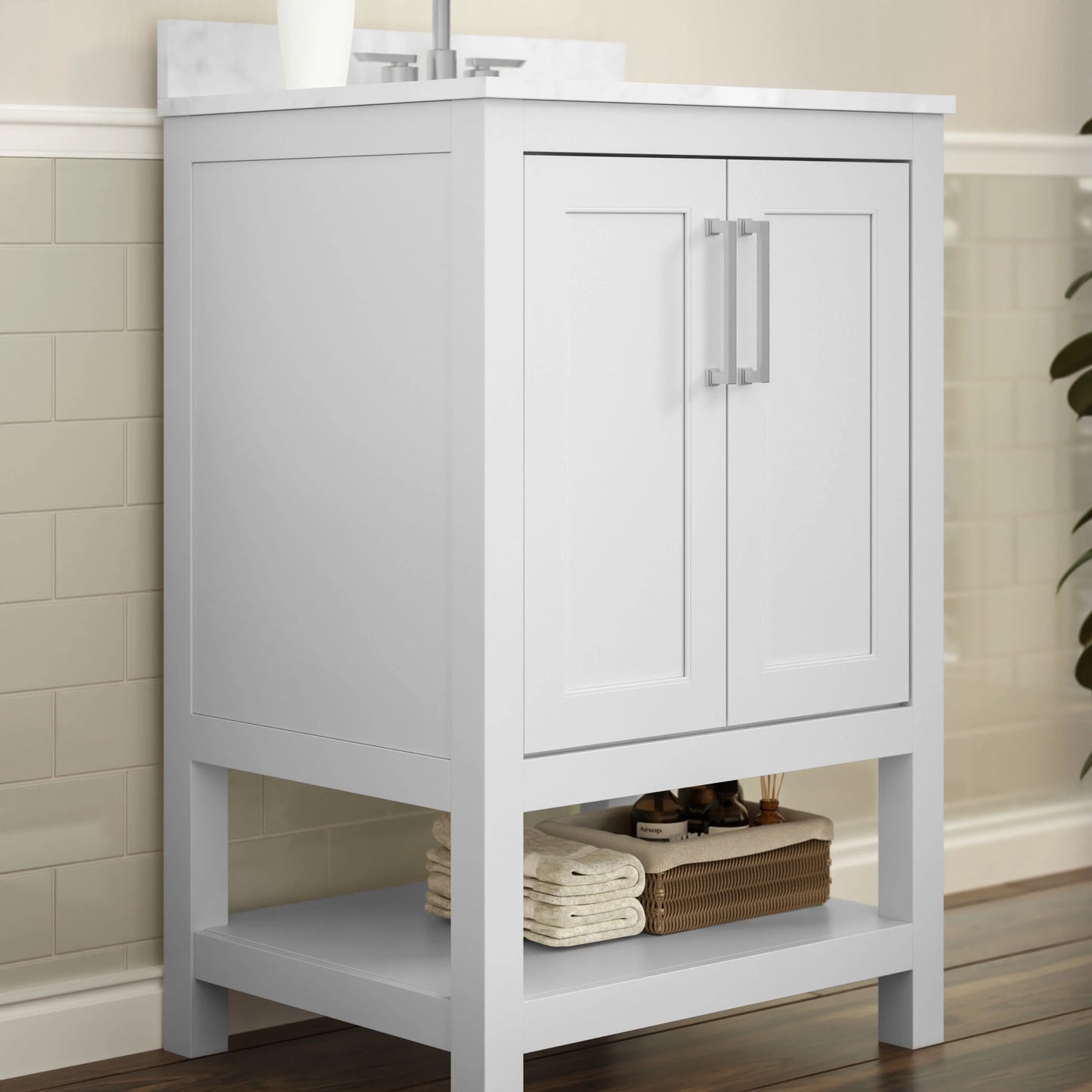 BizChair 24 Inch Bathroom Vanity with Sink Combo, Storage Cabinet with Soft Close Doors and Open Shelf, Carrara Marble Finish Countertop, White/White