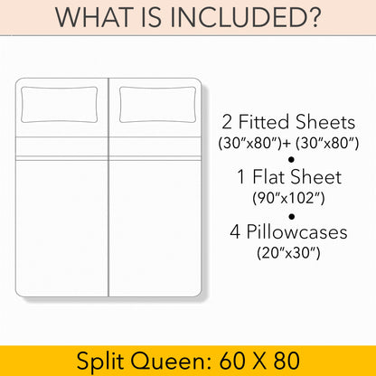 PRATYUX Split Queen 7-PC Bed Sheet Set (4-Pillowcases) 400-Thread Count 100% Egyptian Cotton Soft Breathable, 18" Deep Pockets - Black