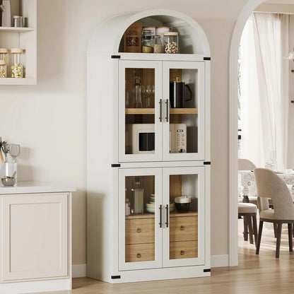 Arched Kitchen Pantry Storage Cabinet with 2 Drawers, 71-Inch Tall Farmhouse Wood Bookcase with 4 Doors for Kitchen Dining Room Bathroom
