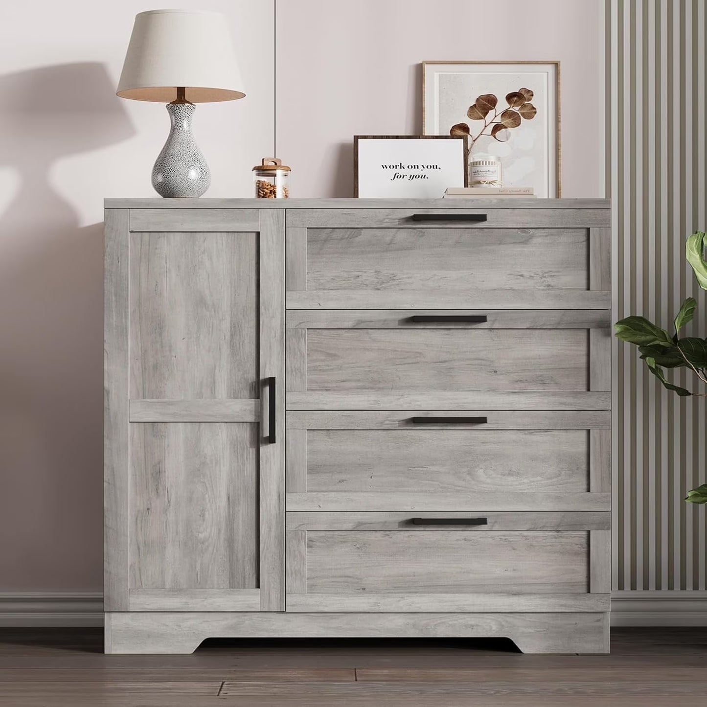 43.3" H Armoire Wardrobe Closet with 4 Drawers & Hanging Rod, Multifunctional Wood Storage Cabinet for Bedroom, Natural Oak