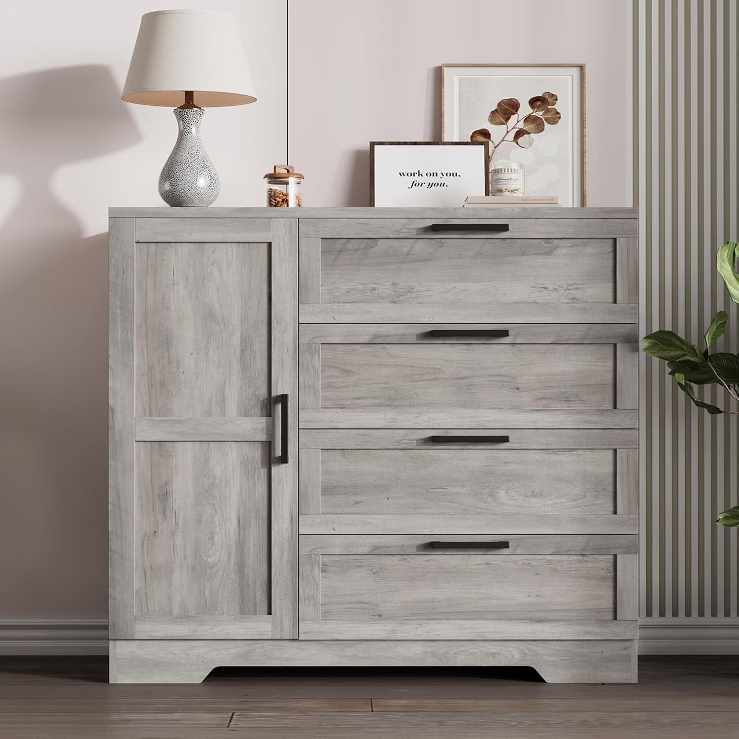 43.3" H Armoire Wardrobe Closet with 4 Drawers & Hanging Rod, Multifunctional Wood Storage Cabinet for Bedroom, Natural Oak
