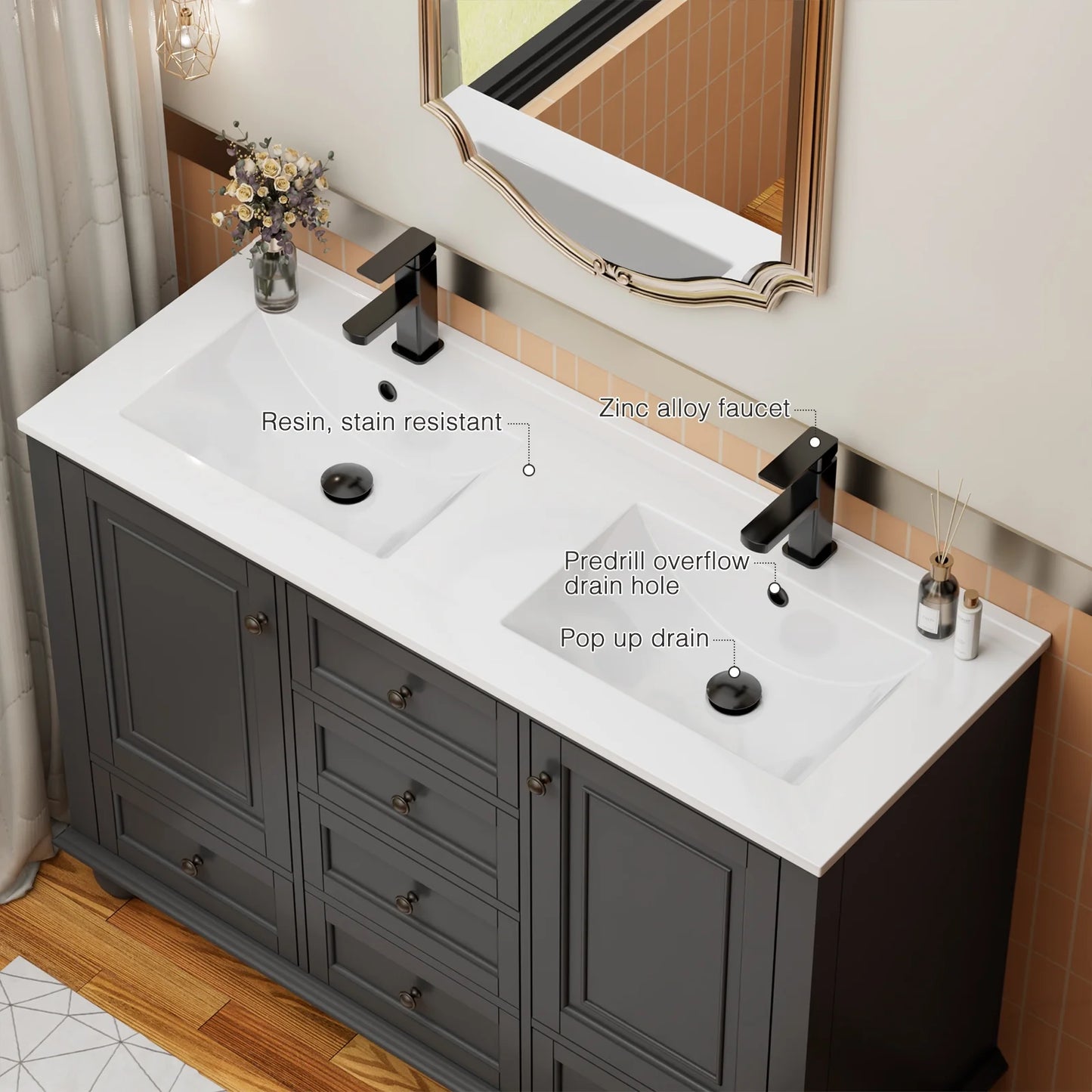 Eclife 48" Double Sink Bathroom Vanity with Top, Zinc Alloy Faucet, Painted Surface, Soft-Close Doors