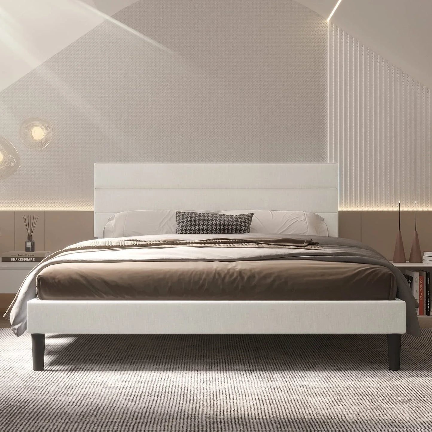 Bonsoir Queen Size Modern Horizontal Panel Upholstered Low Profile Platform Bed Frame With Tufted Headboard/No Box Spring Needed/No Bed Skirt Needed/Linen Fabric Upholstery/Beige