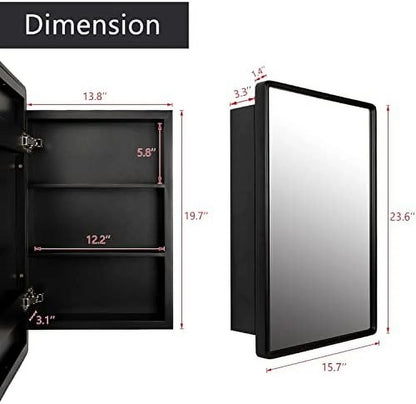 Farmhouse Medicine Cabinet Mirror with Wood Frame - Recessed & Wall Mount Bathroom Storage, 3 Shelves, 16x24 Inch (Black)