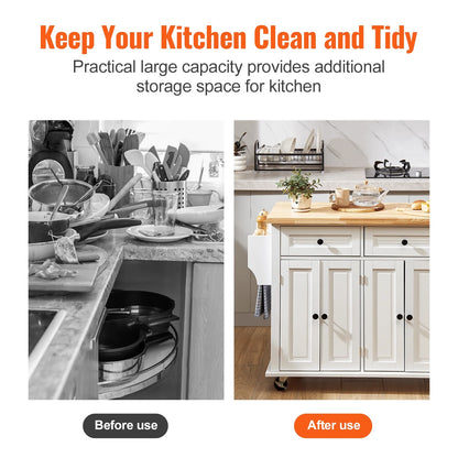 BENTISM 35.4" Kitchen Island on Wheels Cart Rubber Solid Wood Countertop Rolling Storage Cabinet with 2 Drawers & Spice Rack & Towel Holder, White