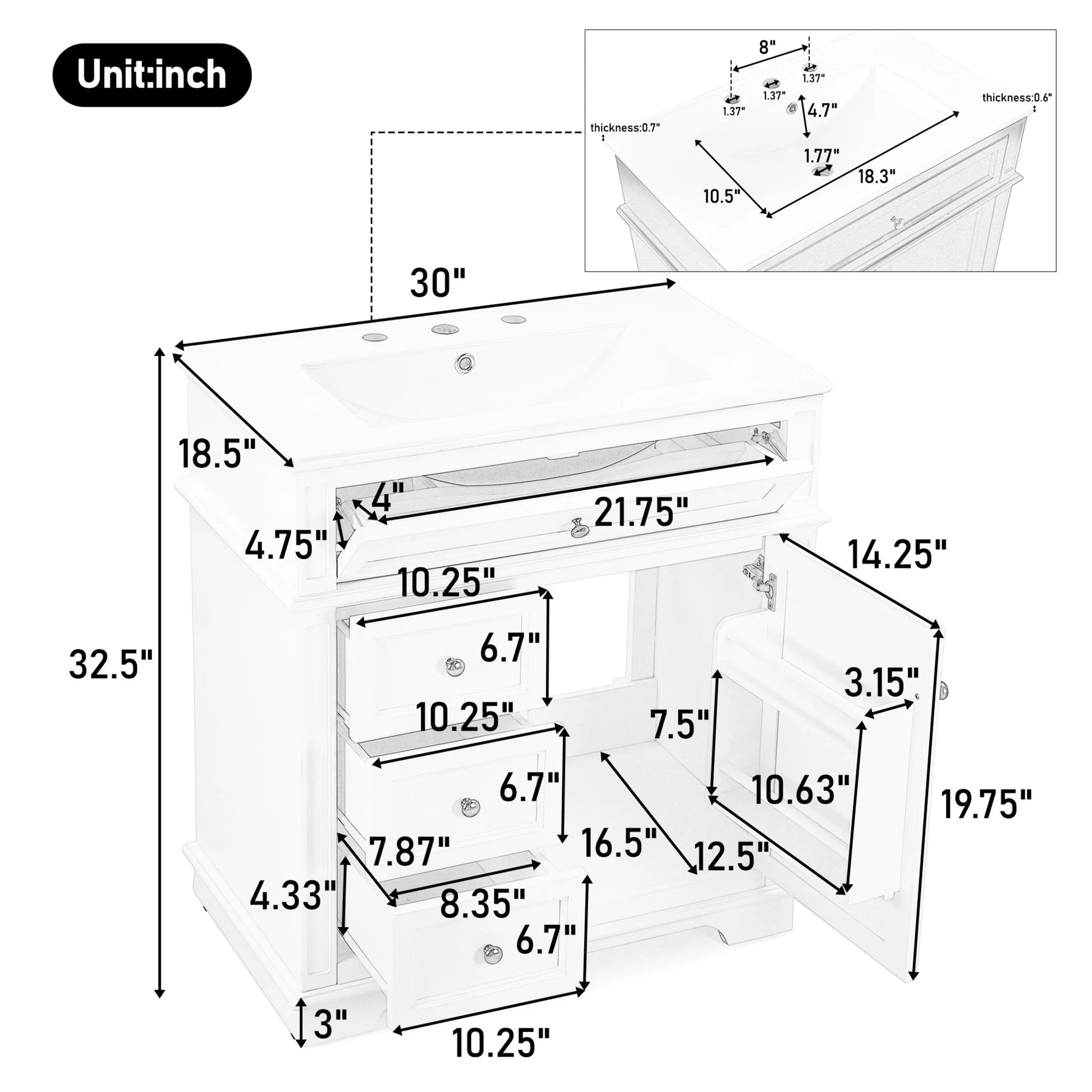 GDF Studio 30" Modern Bathroom Vanity with Sink Combo Set, 3 Drawers and A Tip-out Drawer, Door Shelf, White
