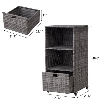 Kinbor Outdoor Pool Towel Rack, Waterproof PE Rattan Storage Cabinet Organizer with 2 Storage Shelves & 1 Bottom Drawer, Gray