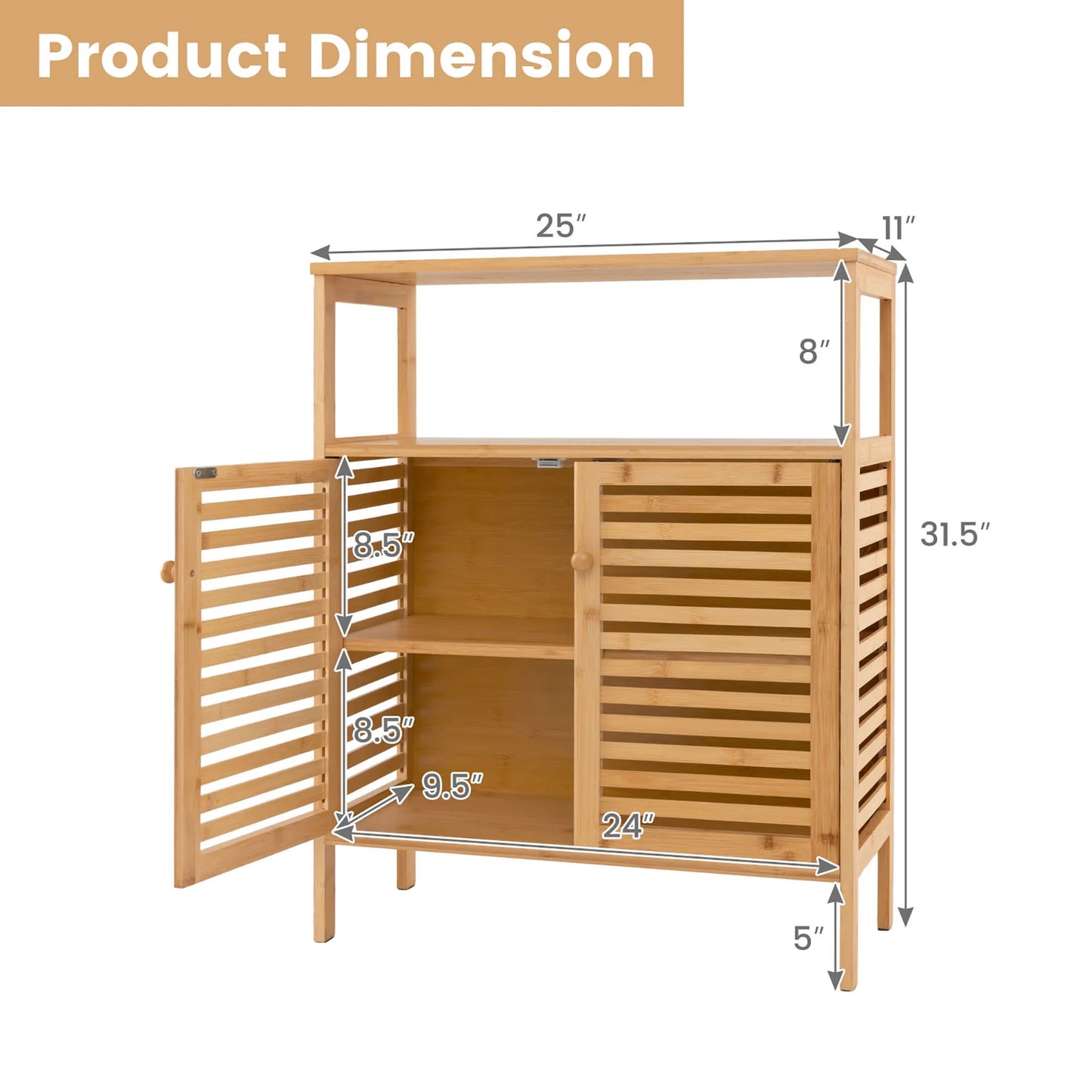 Gymax Bathroom Floor Cabinet Freestanding Bamboo Storage Organizer w/Double Shutter Doors