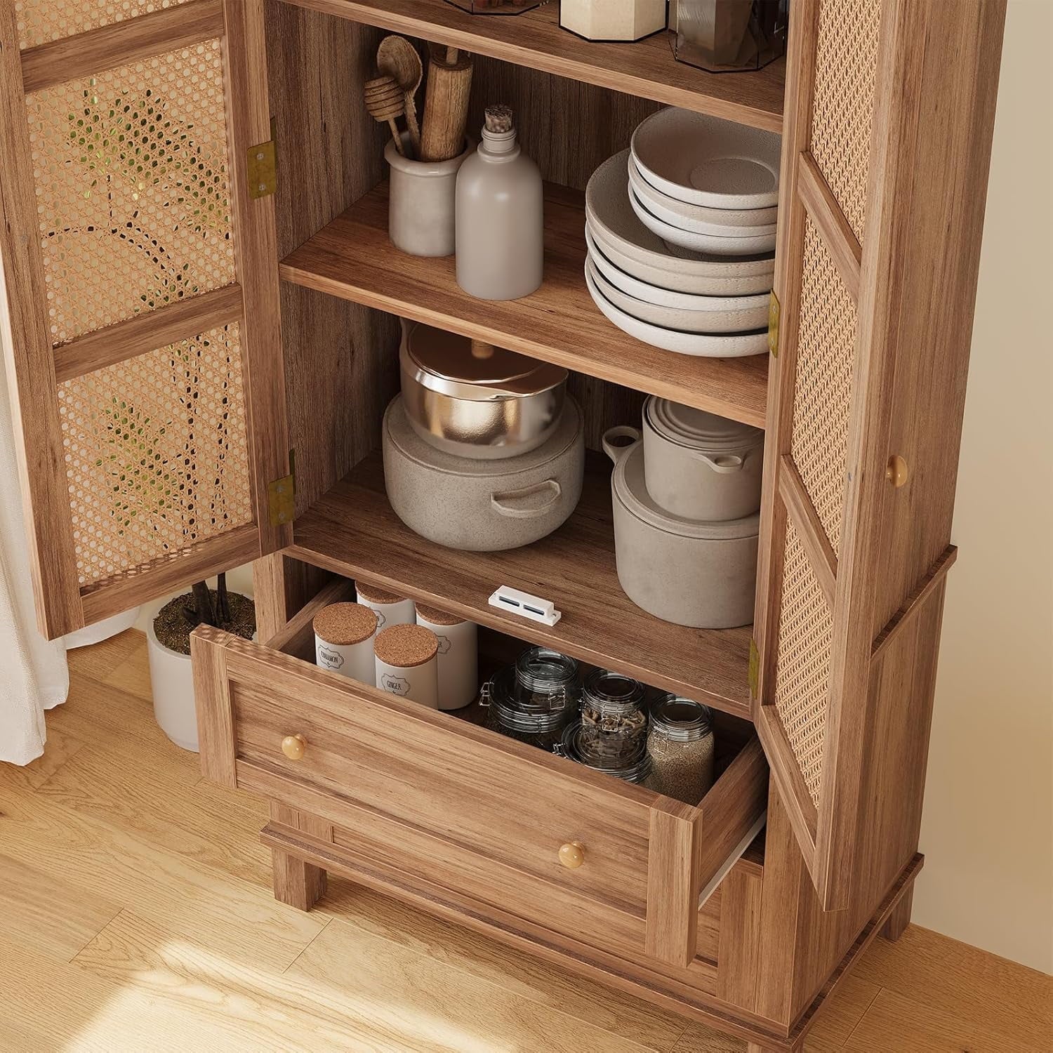Kitchen Pantry Storage Cabinet with 2 Rattan Doors and 2 Adjustable Shelves, 64" Tall Farmhouse Food Pantries Cabinet for Living Room, Dining Room, Bathroom
