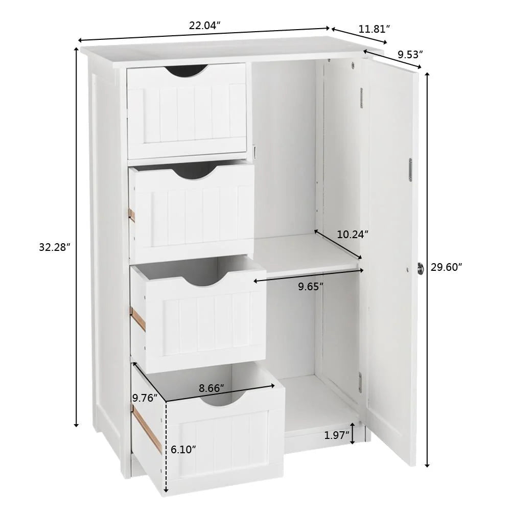Ktaxon Wooden Bathroom Floor Cabinet,Side Storage Organizer Cabinet with 4 Drawers,1 Cupboard & 2-Shelves,MDF,White