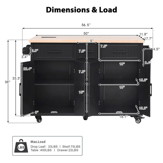 Kitchen Island with Storage, Rolling Kitchen Island on Wheels with Charging Station, Kitchen Cart Island Table with Drop Leaf, Drawers, Cabinets, Spice Rack, Towel Rack, Black