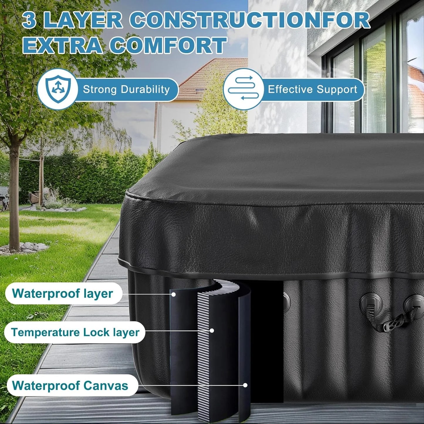 73 inch Outdoor Inflatable Hot Tub with 130 Bubble Air Jets, 4-6 Person Square Portable Hottub Spa with LED Control Panel, Blow Up Spa Bathtub with 2 Filter, Temperature up to 104° F