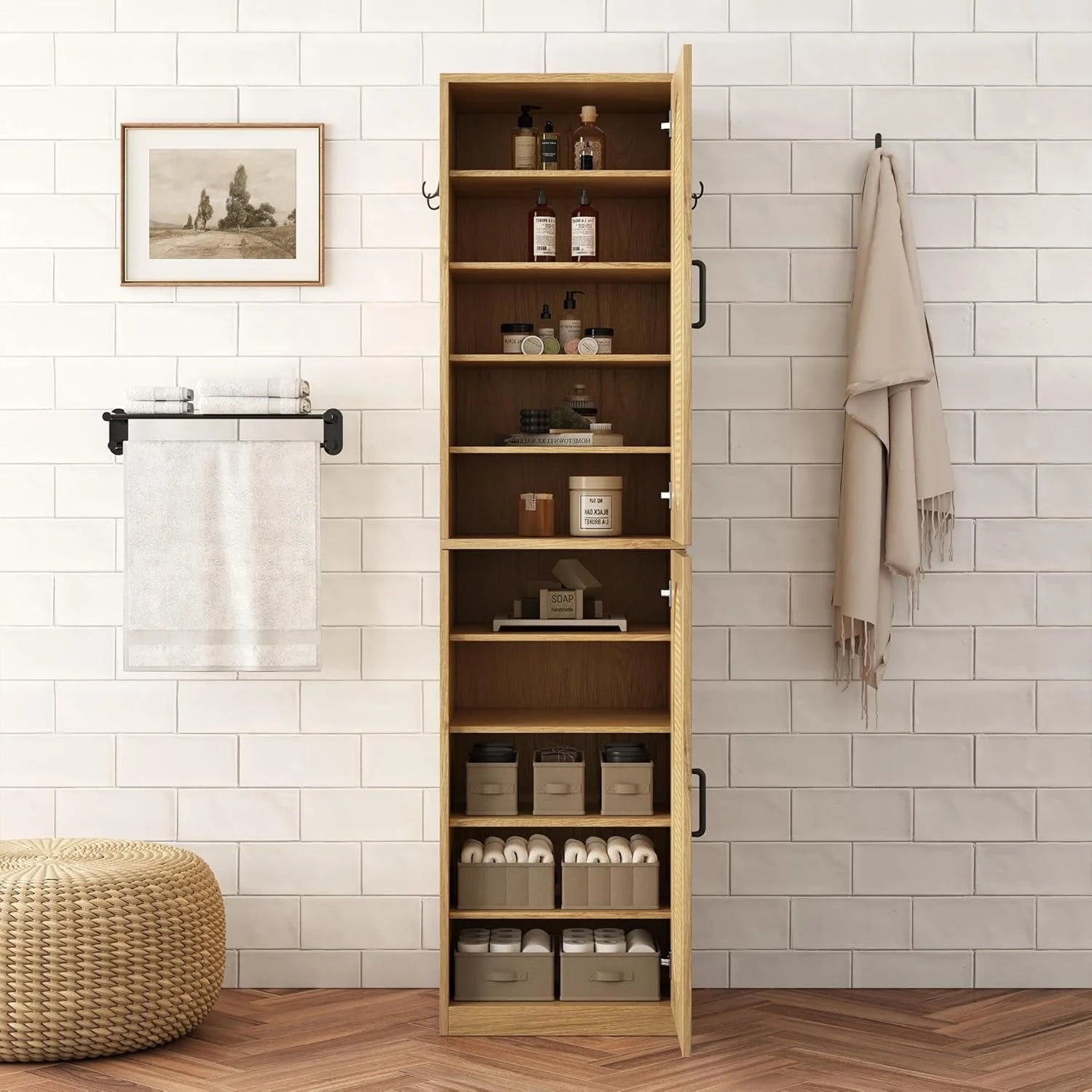 66-Inch Bathroom Storage Cabinet with Rattan Doors, Bath Room Organizer Floor Cabinets Brown