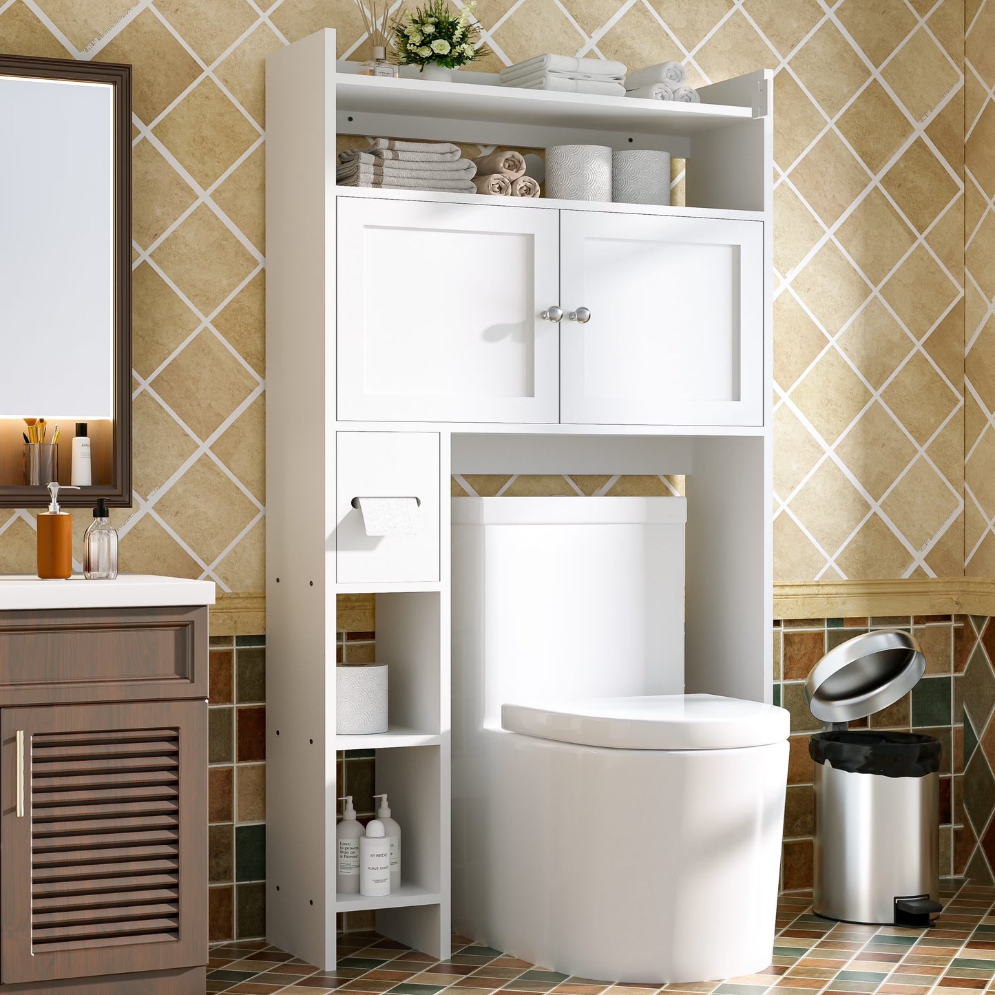 Tolead Over The Toilet Storage Cabinet with Paper Towel Holder, White