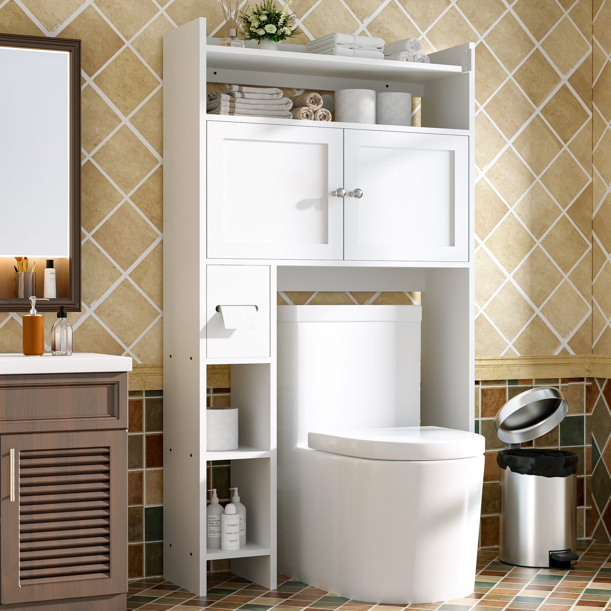 Tolead Over The Toilet Storage Cabinet with Paper Towel Holder, White