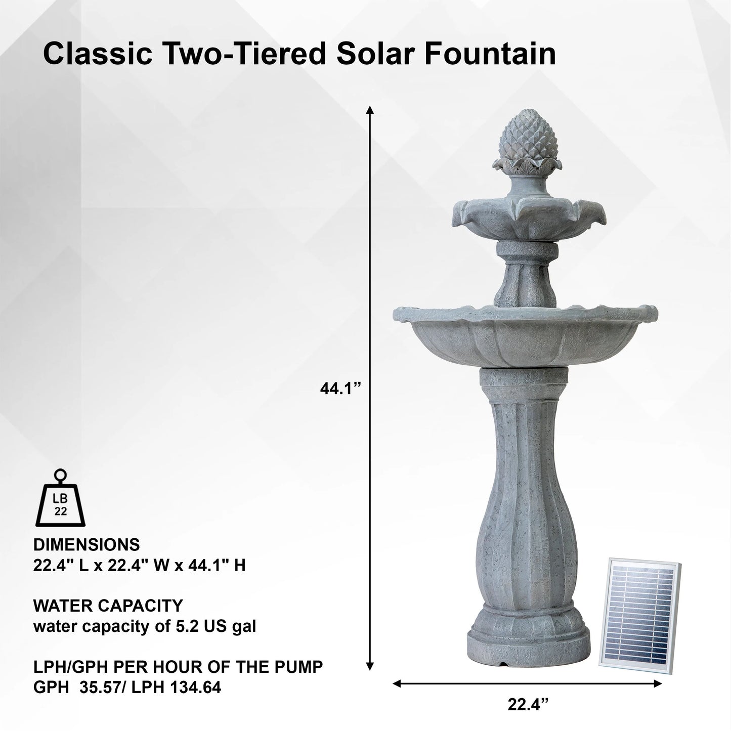 XBrand 44" H White Fiberglass/Resin 2-Tier Solar Water Fountain w/Solar Panel and Auto-Shut Off Pump, Solar Garden Fountain, Tall Outdoor Fountain, Two Tiered Birdbath Fountain