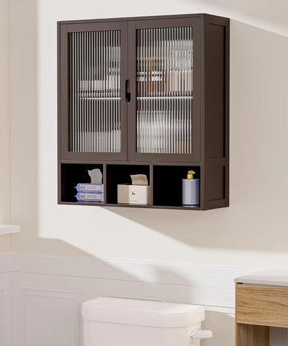 Bathroom Wall Cabinet with 2 Frosted Door,Bamboo Medicine Organizer with Open Compartment,Over The Toilet Storage Shelf Space Saver (Brown)
