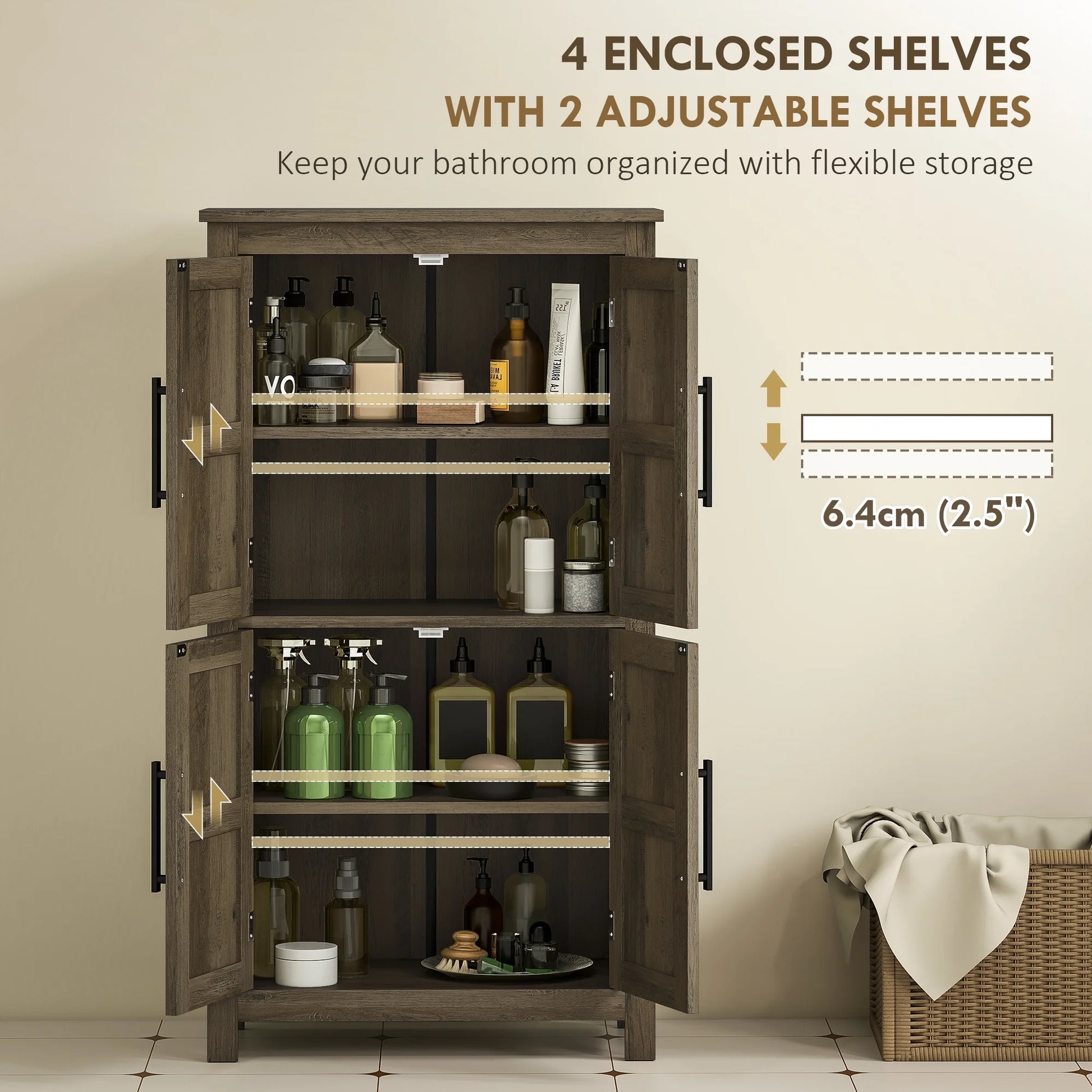 HOMCOM Bathroom Floor Cabinet, Farmhouse Bathroom Cabinet with Doors, Brown