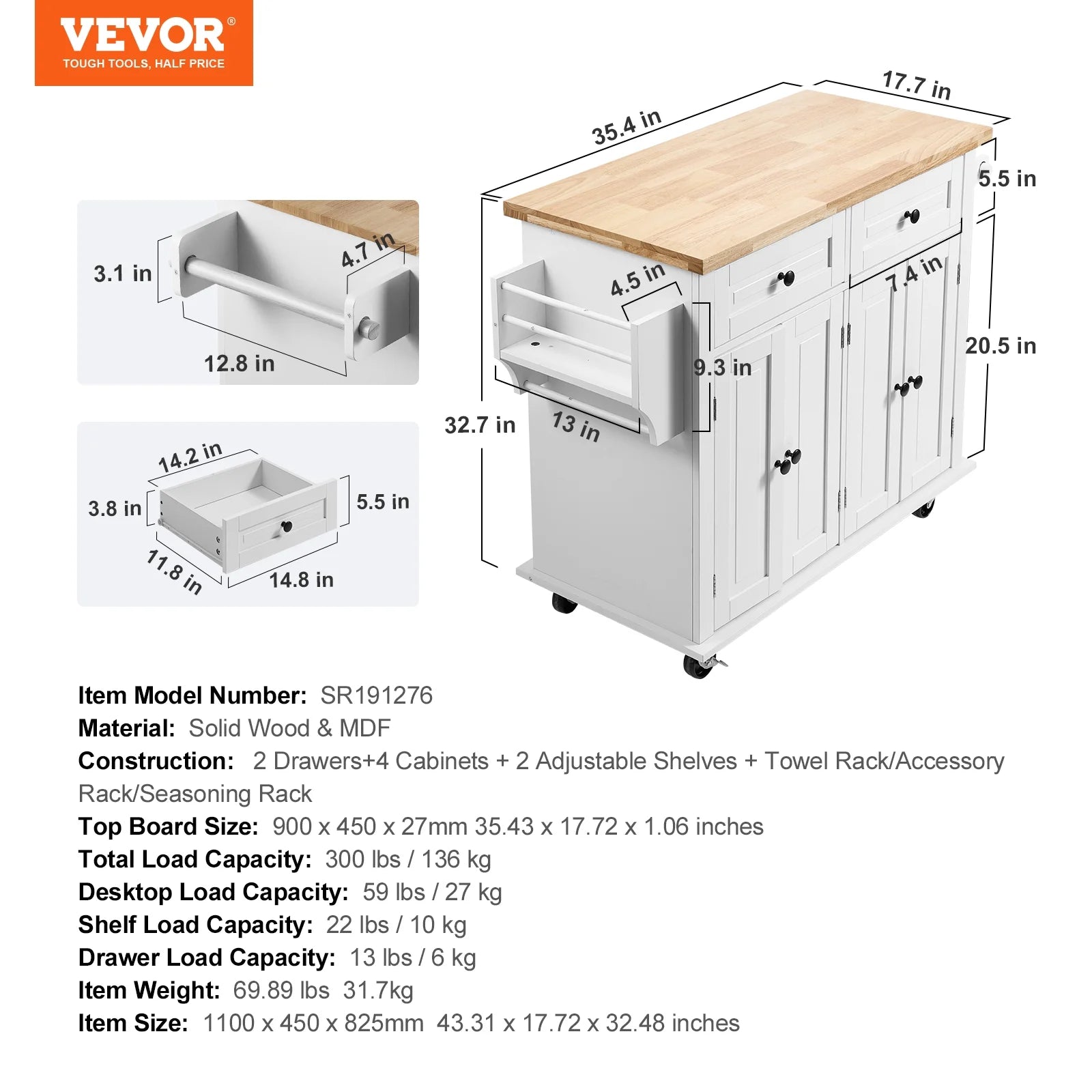 VEVOR Kitchen Island Cart with Solid Wood Top, 35.4" Width Mobile Carts with Storage Cabinet, Rolling Kitchen Table with Spice Rack, Towel Rack, and Drawer