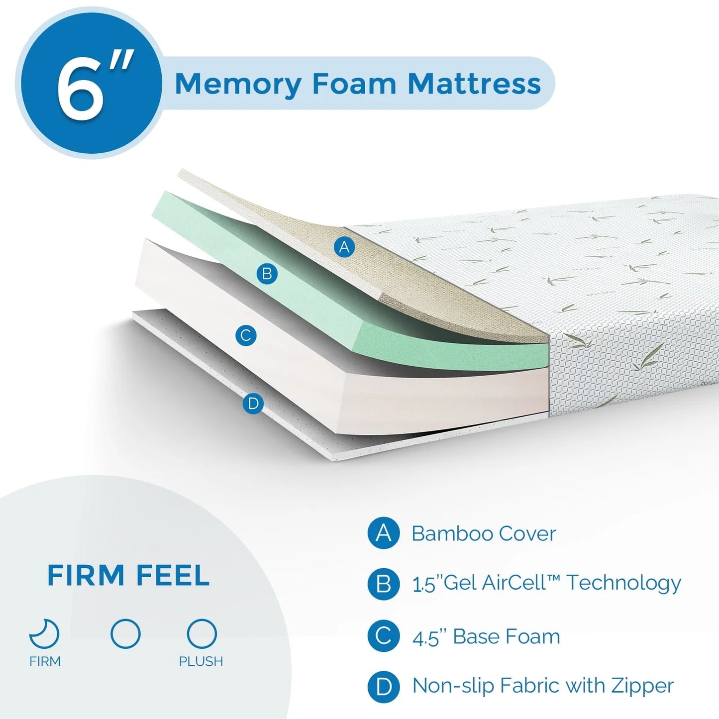 6 inch Twin Size Memory Foam Mattress , Medium Firmness Made in USA, with Green Tea Cooling Gel , Supportive & Pressure Relief Bed Mattress,Bamboo Knit cover