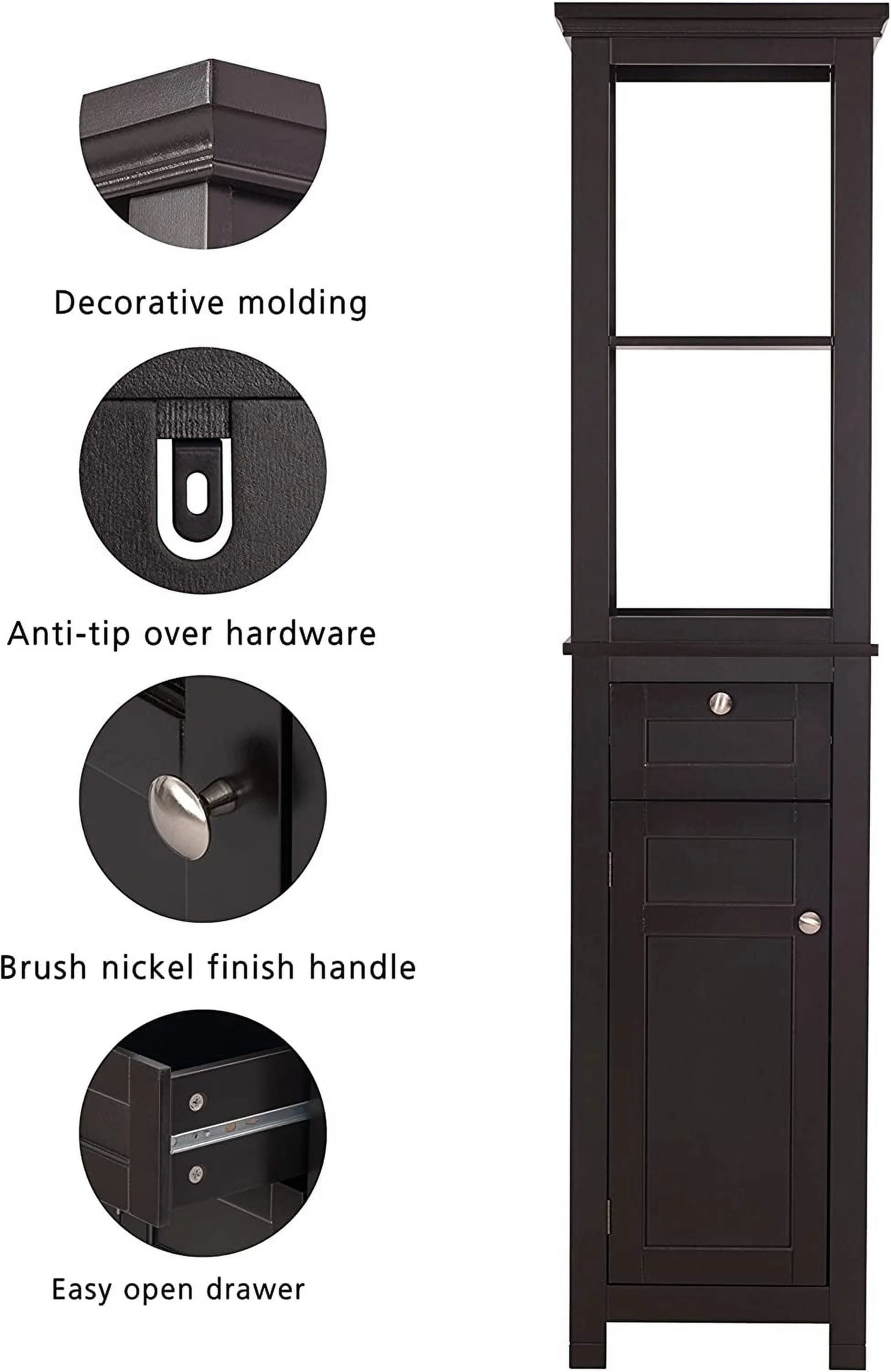 Spirich Home Bathroom Freestanding Storage Cabinet with Two Tier Open Shelves, Tall Slim Cabinet with Door and Drawer, Free Standing Linen Tower 15.75 ''(White with Drawer)