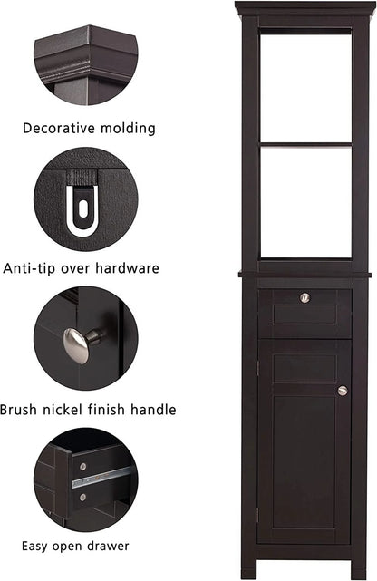 Spirich Home Bathroom Freestanding Storage Cabinet with Two Tier Open Shelves, Tall Slim Cabinet with Door and Drawer, Free Standing Linen Tower 15.75 ''(White with Drawer)