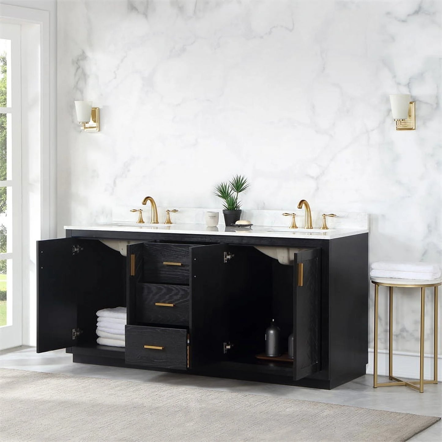 Gazsi 72" Double Bathroom Vanity Set in Black Oak with Grain White Composite Stone Countertop Without Mirror