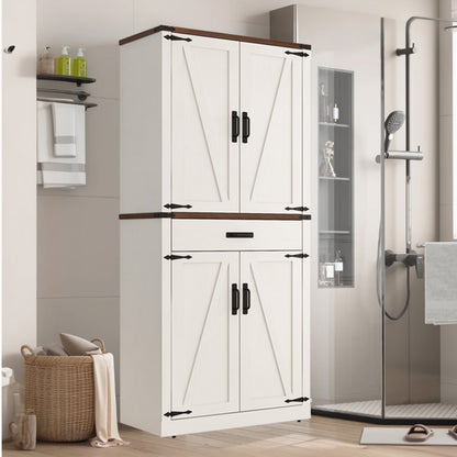 72.4'' Tall Bathroom Storage Cabinet with Drawer & 4 Storage Shelves, Rustic Farmhouse Linen Cabinet with Load-Bearing Steel Pipe & 4 Doors for Bedroom Living Room Kitchen Art/Craft Room