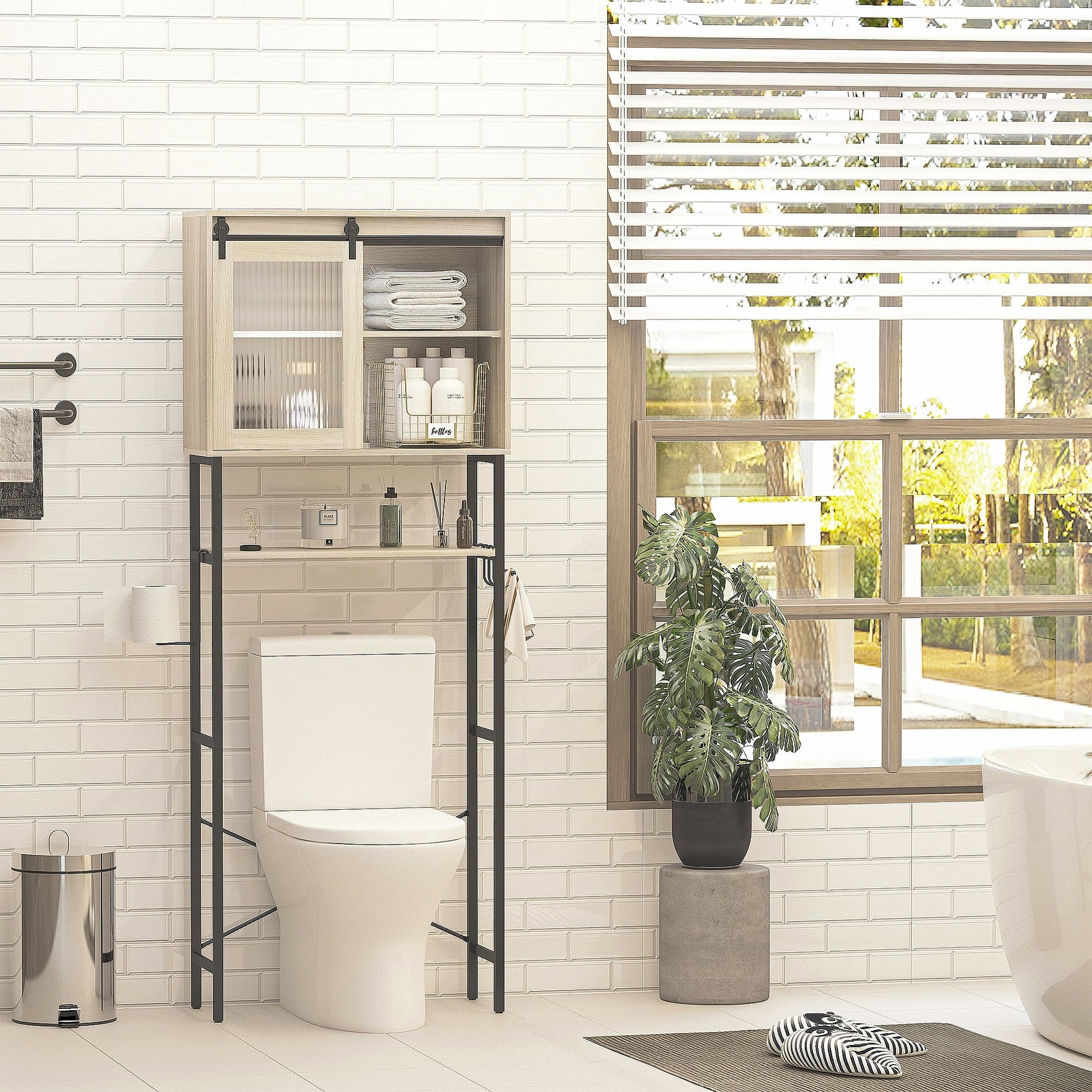 HLR Bathroom Storage Cabinet over Toilet with Sliding Door,Toilet Storage Iron Shelf, Wooden Cabinet