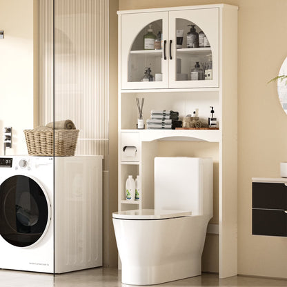 HARIPUL Over The Toilet Storage Cabinet w/Unique Wood Grain & Arc Design, Freestanding Bathroom Shelf Organizer Space Saver w/Doors & Anti-Tip Device, Wood Color