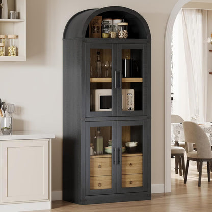 Arched Kitchen Pantry Storage Cabinet with 2 Drawers, 71-Inch Tall Farmhouse Wood Bookcase with 4 Doors for Kitchen Dining Room Bathroom