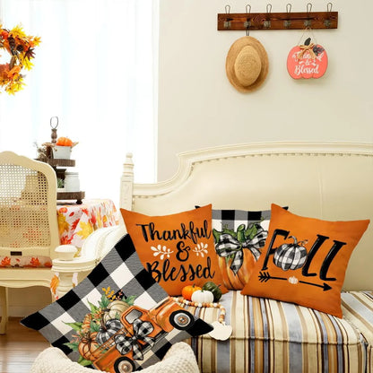 LONGRV Fall Decorative Throw Pillow Covers 18 x 18 Inch Set of 4, Pumpkins Thankful Blessed Buffalo Plaid Fall Decor Outdoor Farmhouse Pillow Cases for Home Couch (Orange Color)