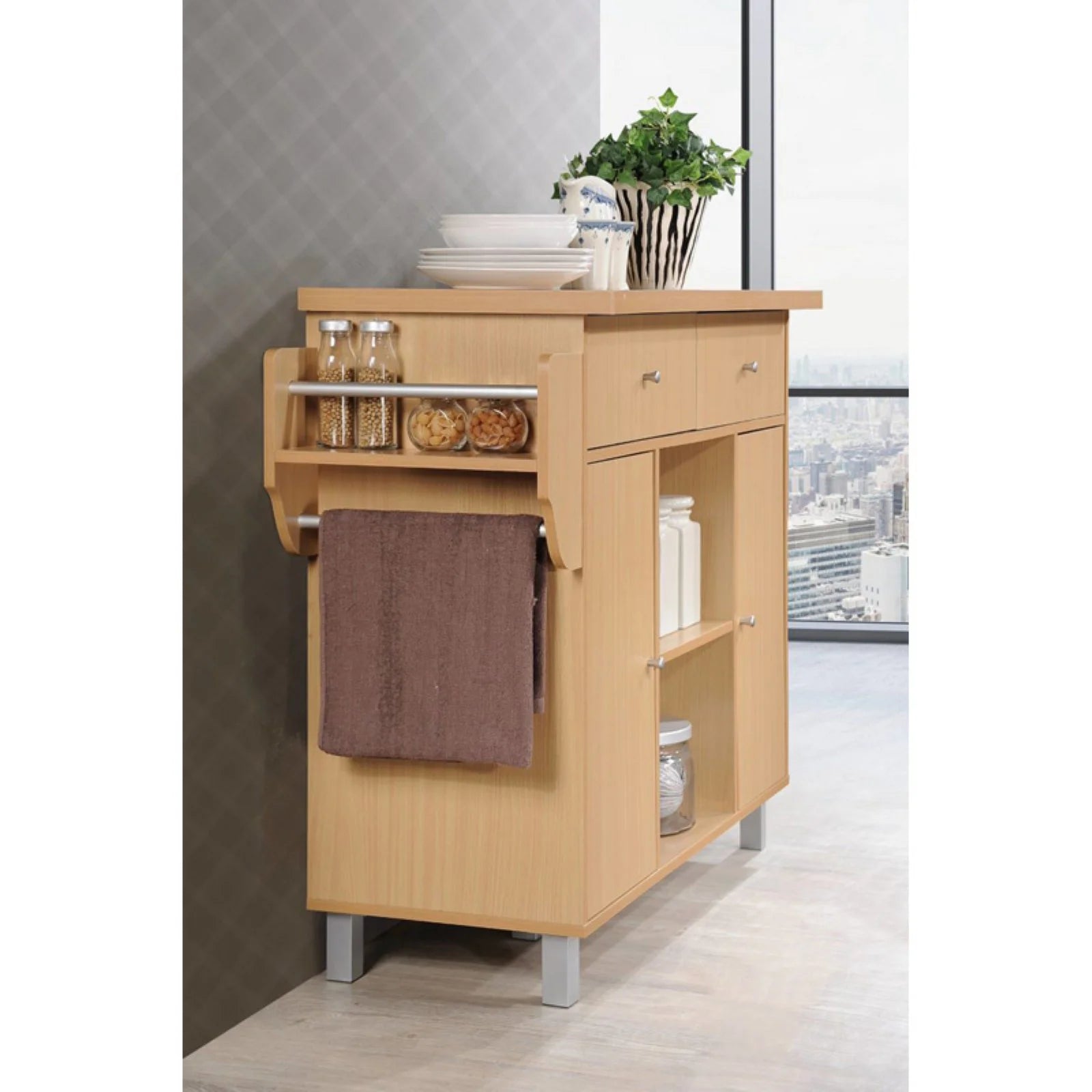 Hodedah Kitchen Island with Spice Rack plus Towel Holder in White Wood