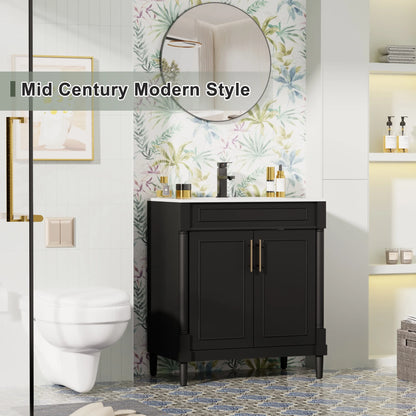 30" Freestanding Bathroom Vanity with Ceramic Sink Top, Faucet, Classic Tapered legs
