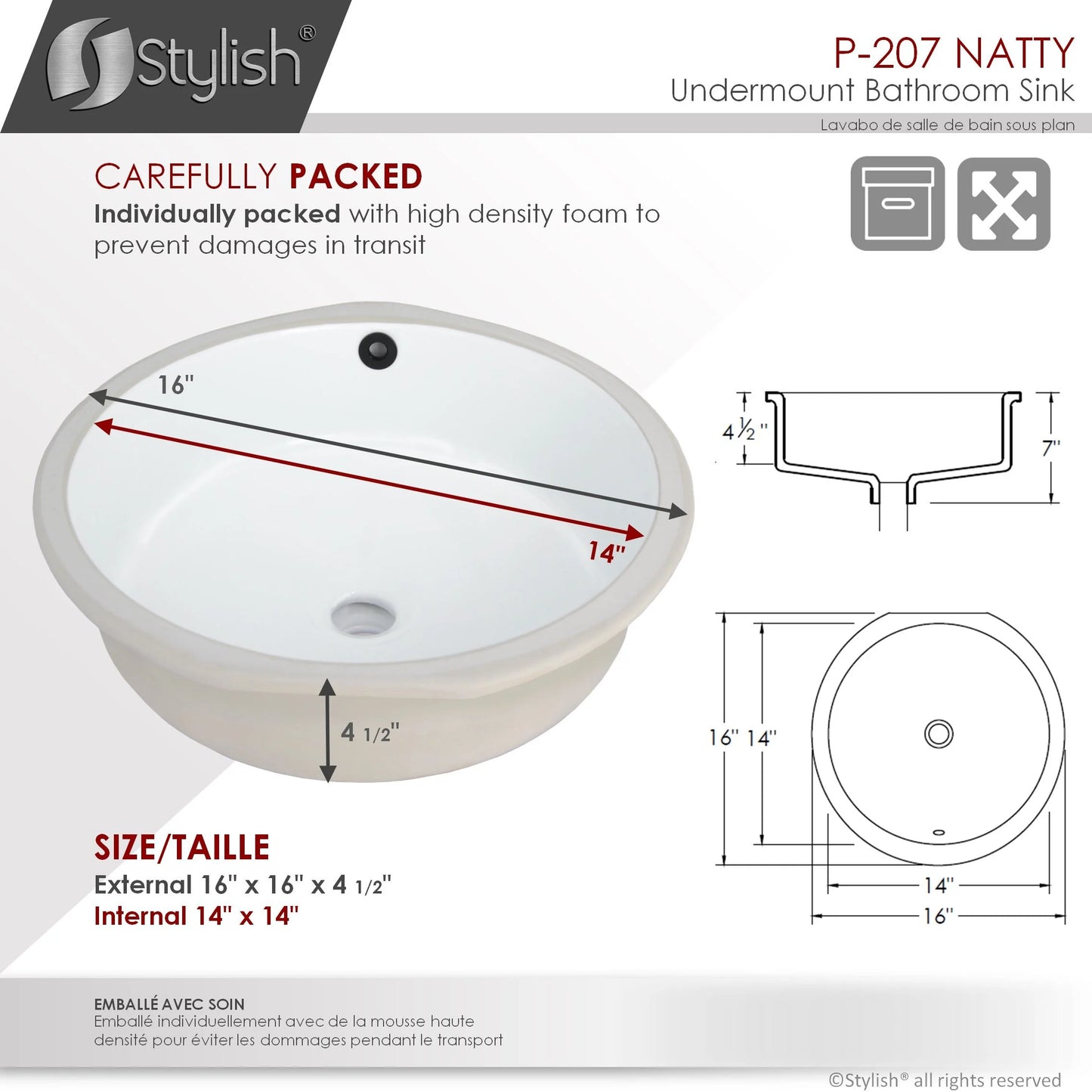 Stylish Undermount 16" Porcelain Round Bathroom Sink with 2 Overflow Finishes P-207