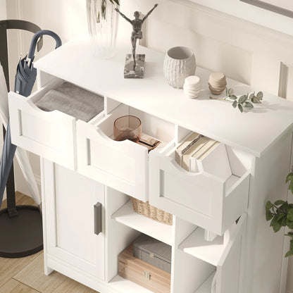 PORKISS White Floor Storage Cabinet, Wood Accent Cabinet with Drawers and Adjustable Shelves Storage, Modern Pantry Cabinet for Kitchen, Bathroom, Living Room