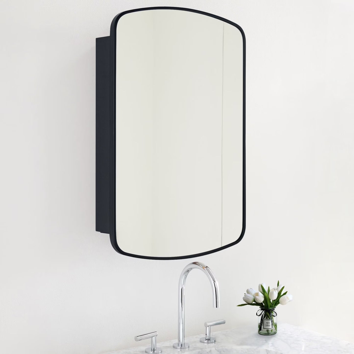 TEHOME Matt Black Surface and Recessed Mount Medicine Cabinet with Mirror Metal Framed Arch Bathroom Wall Cabinet with Mirror 18x27''