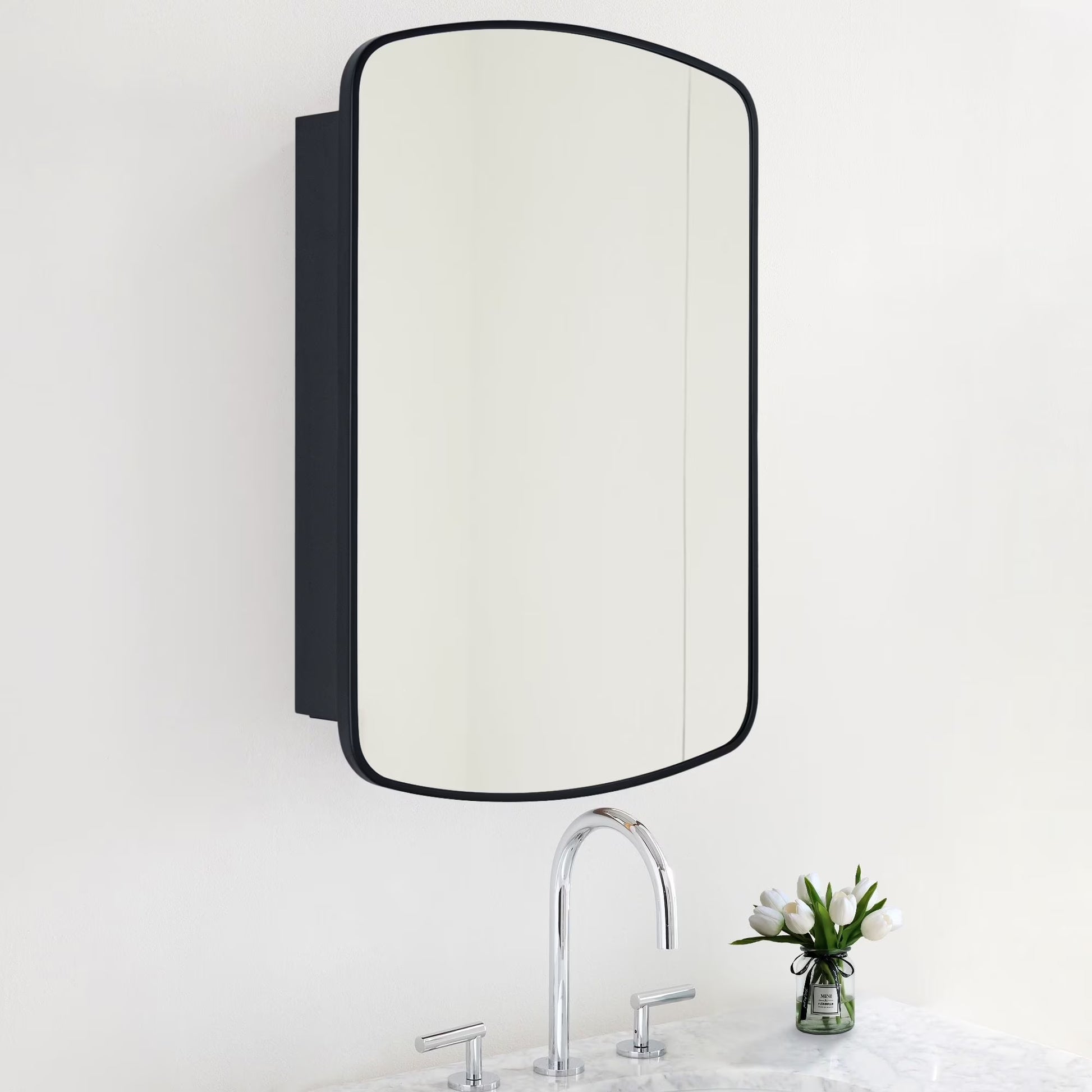TEHOME Matt Black Surface and Recessed Mount Medicine Cabinet with Mirror Metal Framed Arch Bathroom Wall Cabinet with Mirror 18x27''