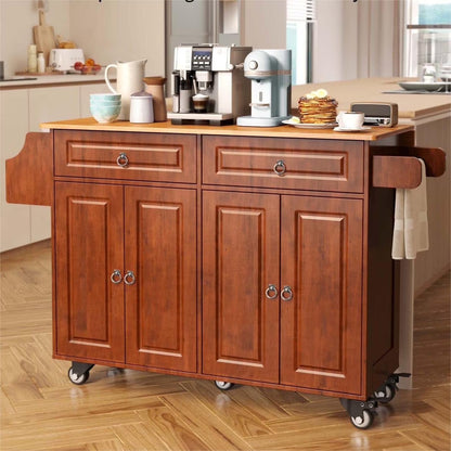 Lofka Kitchen Islands Carts with Storage, 52° kitchen Islands with 2 Storage Cabinet, Spice Rack, Towel Rack, Brown