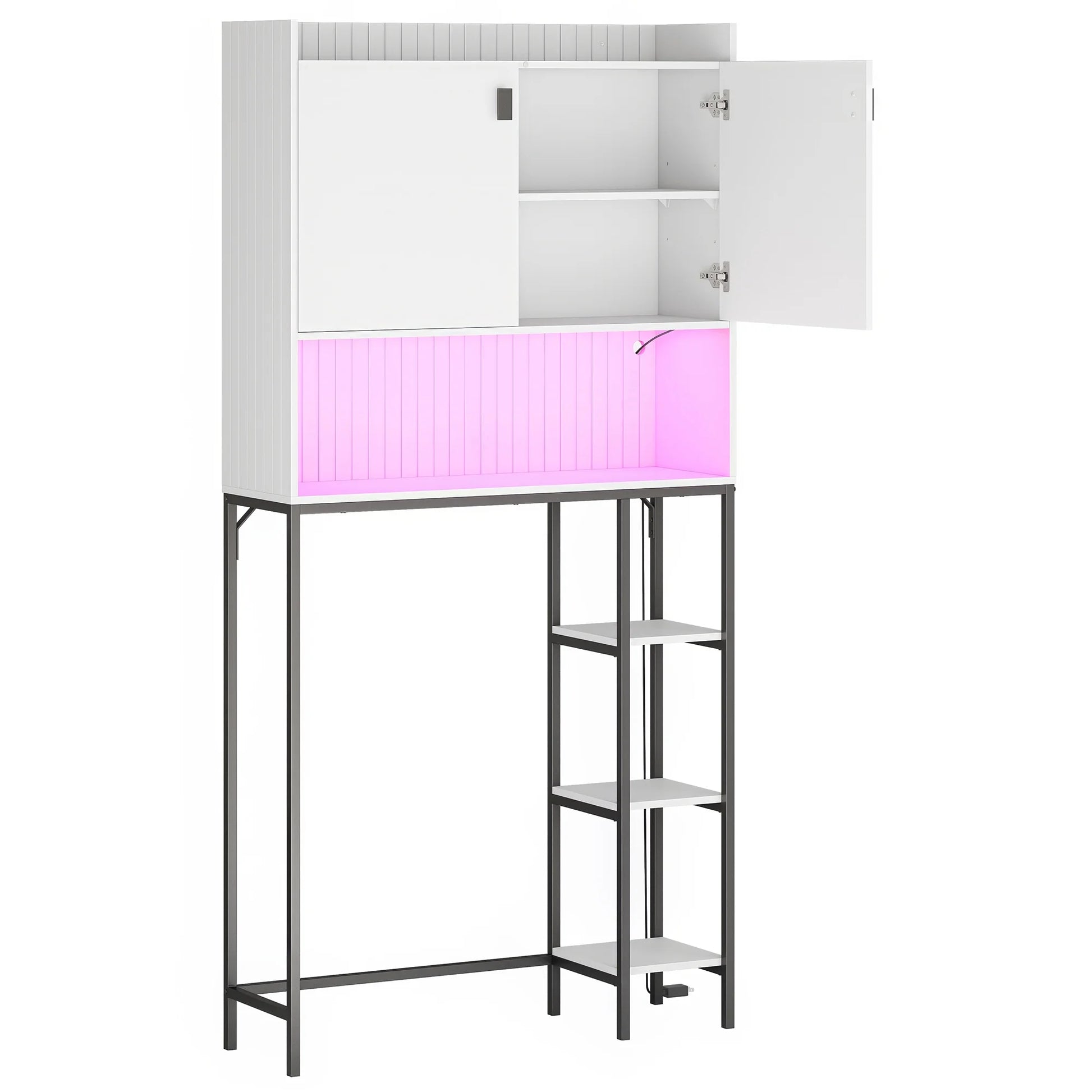 BELLEZE Over The Toilet Storage Cabinet with LED Light, Freestanding Above Toilet Rack with Adjustable Shelf, Bathroom Space Savers Anti-Tipping Device Included - Murano (White)