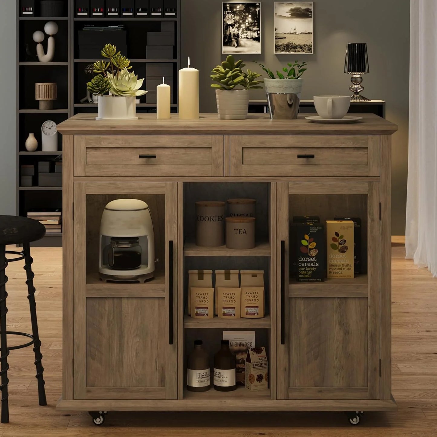 WALYWIK Foldable Kitchen Island Cart with Wheels, 2 Glass Doors, Spice Rack & Towel Holder - Compact Mobile Storage Cart for Small Kitchens, Dining Rooms, Camping & RVs - Grey