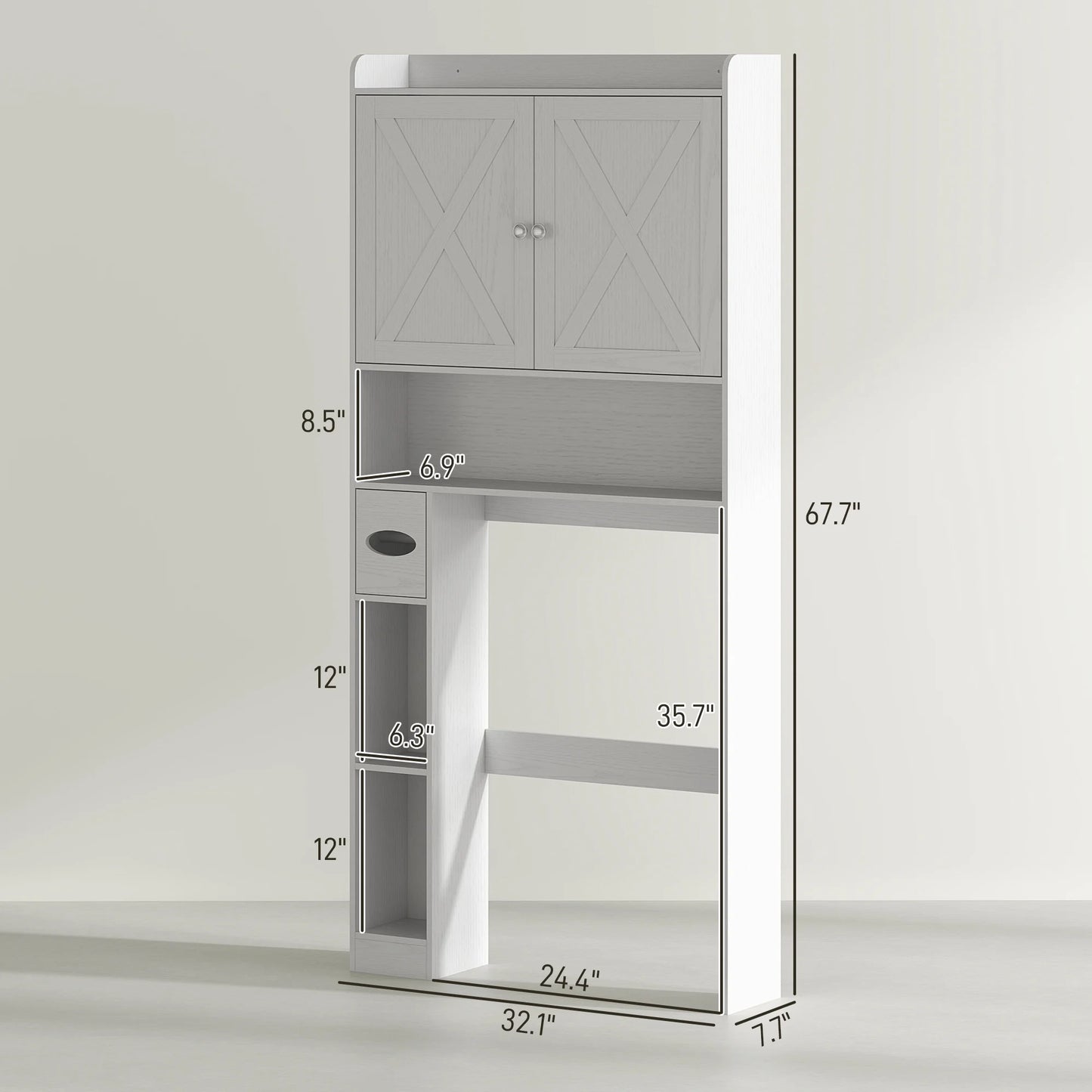HOMCOM Over the Toilet Storage Cabinet, Farmhouse Above Toilet Bathroom Organizer with Barn Doors, Adjustable Shelf, Toilet Paper Holder, White
